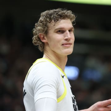 Jan 13, 2024; Salt Lake City, Utah, USA; Utah Jazz forward Lauri Markkanen (23) reacts to a call for the Los Angeles Lakers during the second quarter at Delta Center. 