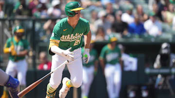 Apr 12, 2025; West Sacramento, California, USA; Athletics first baseman Tyler Soderstrom (21) hits an RBI single against the New York Mets in the fourth inning at Sutter Health Park. Mandatory Credit: Cary Edmondson-Imagn Images