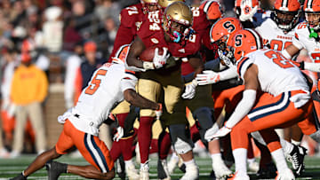 Nov 9, 2024; Chestnut Hill, Massachusetts, USA; Boston College Eagles running back Jordan McDonald (24) runs against the Syracuse Orange during the second half at Alumni Stadium. Mandatory Credit: Brian Fluharty-Imagn Images