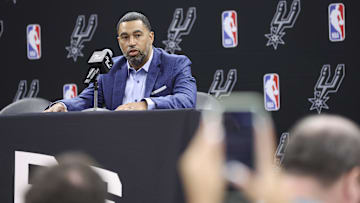 Jun 24, 2023; San Antonio, TX, USA; San Antonio Spurs general manager Brian Wright speaks at a press conference at AT&T Center. Mandatory Credit: Troy Taormina-Imagn Images