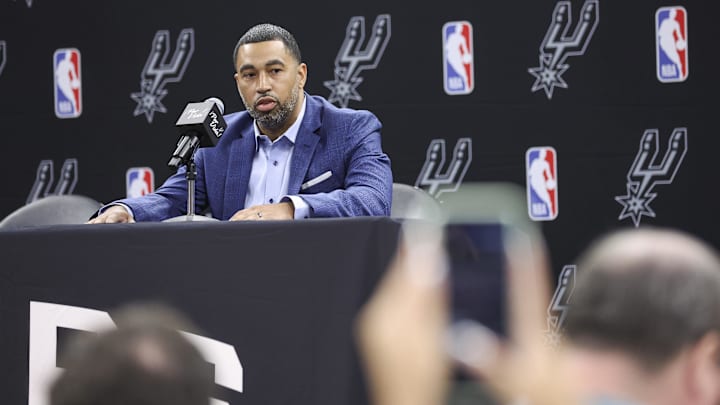 Jun 24, 2023; San Antonio, TX, USA; San Antonio Spurs general manager Brian Wright speaks at a press conference at AT&T Center. Mandatory Credit: Troy Taormina-Imagn Images