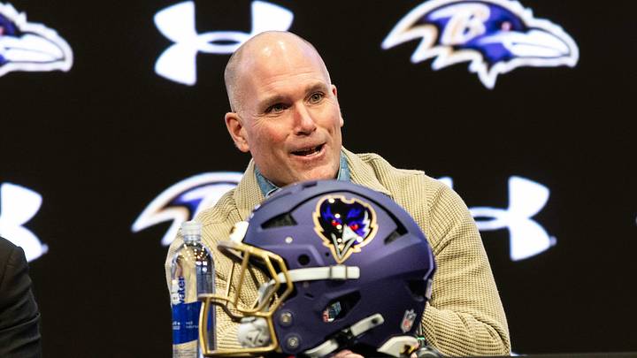 Jan 29, 2026; Owings Mills, MD, USA; Eric DeCosta at press conference discussing future of Baltimore Ravens at Under Armour Performance Center. Mandatory Credit: Lexi Thompson-Imagn Images