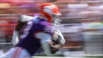 Sep 13, 2025; Atlanta, Georgia, USA; Clemson Tigers running back Adam Randall (8) returns a kick against the Georgia Tech Yellow Jackets in the first quarter at Bobby Dodd Stadium at Hyundai Field. Mandatory Credit: Brett Davis-Imagn Images
