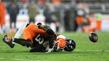 Nov 16, 2025; Cleveland, Ohio, USA; Baltimore Ravens cornerback Chidobe Awuzie (3) breaks up a pass intended for Cleveland Browns wide receiver Jerry Jeudy (3) during the fourth quarter at Huntington Bank Field. Mandatory Credit: Scott Galvin-Imagn Images