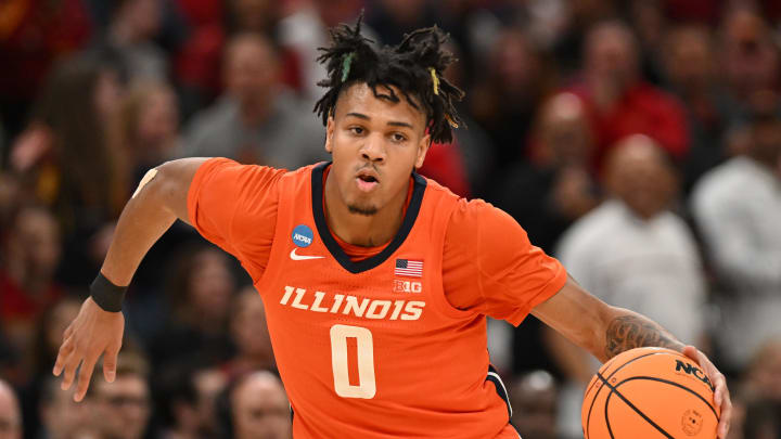 Mar 28, 2024; Boston, MA, USA; Illinois Fighting Illini guard Terrence Shannon Jr. (0) dribbles the ball against the Illinois Fighting Illini n the semifinals of the East Regional of the 2024 NCAA Tournament at TD Garden. Mandatory Credit: Brian Fluharty-USA TODAY Sports