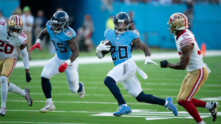 Tennessee Titans running back Tony Pollard (20) runs after a catch during their first preseason game of the 2024-25 season at Nissan Stadium Saturday, Aug. 10, 2024.