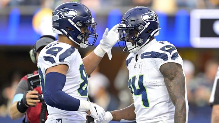 Jan 5, 2025; Inglewood, California, USA; Seattle Seahawks wide receiver DK Metcalf (14) is congratulated by tight end Noah Fant (87) after a touchdown in the first half against the Los Angeles Rams at SoFi Stadium. Mandatory Credit: Jayne Kamin-Oncea-Imagn Images Jan 5, 2025; Inglewood, California, USA; Seattle Seahawks wide receiver DK Metcalf (14) is congratulated by tight end Noah Fant (87) after a touchdown in the first half against the Los Angeles Rams at SoFi Stadium. Mandatory Credit: Jayne Kamin-Oncea-Imagn Images