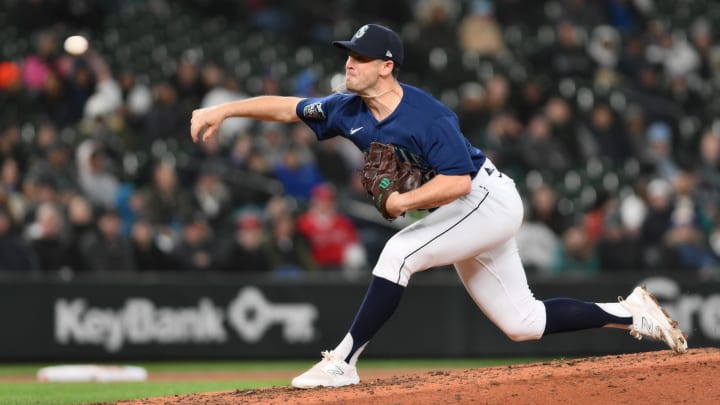 Then-Seattle Mariners relief pitcher Matt Festa pitches against the Los Angeles Angels in 2023 at T-Mobile Park.