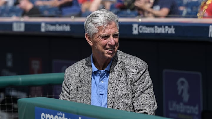 Jun 24, 2023; Philadelphia, Pennsylvania, USA;  Philadelphia Phillies President of Baseball Operations Dave Dombrowski prior to the game against the New York Mets at Citizens Bank Park. Mandatory Credit: John Geliebter-Imagn Images