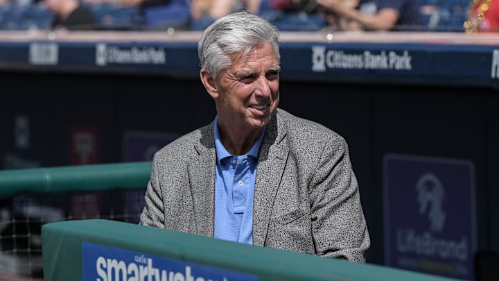 Jun 24, 2023; Philadelphia, Pennsylvania, USA;  Philadelphia Phillies President of Baseball Operations Dave Dombrowski prior to the game against the New York Mets at Citizens Bank Park. Mandatory Credit: John Geliebter-Imagn Images