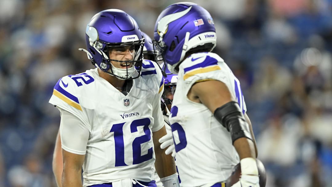 Aug 22, 2025; Nashville, Tennessee, USA;  Minnesota Vikings tight end Bryson Nesbit (46) celebrates his touchdown with Minnesota Vikings quarterback Max Brosmer (12)  against the Tennessee Titan during the second half at Nissan Stadium. Mandatory Credit: Steve Roberts-Imagn Images