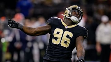 Nov 17, 2024; New Orleans, Louisiana, USA; New Orleans Saints defensive end Carl Granderson (96) celebrates a tackle for a loss against the Cleveland Browns during the first half at Caesars Superdome. Mandatory Credit: Matthew Hinton-Imagn Images