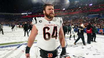 Cincinnati Bengals center Ted Karras (64) celebrates at the conclusion of an NFL divisional playoff football game between the Cincinnati Bengals and the Buffalo Bills, Sunday, Jan. 22, 2023, at Highmark Stadium in Orchard Park, N.Y.

Cincinnati Bengals At Buffalo Bills Afc Divisional Jan 22 1412