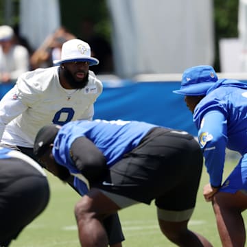 Jul 31, 2024; Los Angeles, CA, USA;  Los Angeles Rams defensive end Jared Verse (8) participates in jog through during training camp at Loyola Marymount University. Mandatory Credit: Kiyoshi Mio-Imagn Images