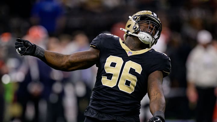 Nov 17, 2024; New Orleans, Louisiana, USA; New Orleans Saints defensive end Carl Granderson (96) celebrates a tackle for a loss against the Cleveland Browns during the first half at Caesars Superdome. Mandatory Credit: Matthew Hinton-Imagn Images