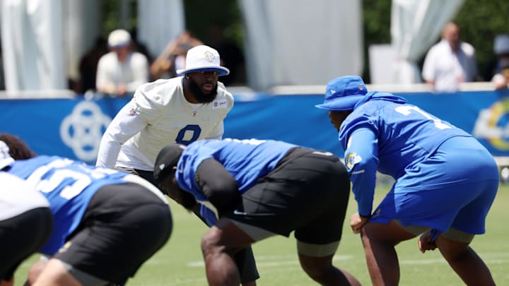 Jul 31, 2024; Los Angeles, CA, USA;  Los Angeles Rams defensive end Jared Verse (8) participates in jog through during training camp at Loyola Marymount University. Mandatory Credit: Kiyoshi Mio-Imagn Images