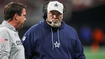 Dallas Cowboys head coach Mike McCarthy on the field against the Atlanta Falcons in the fourth quarter at Mercedes-Benz Stadium.