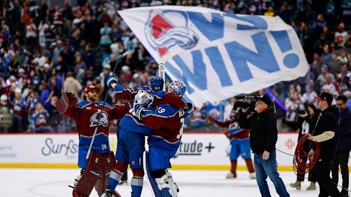 Feb 4, 2026; Denver, Colorado, USA; Colorado Avalanche right wing Valeri Nichushkin (13) reacts with goaltender MacKenzie Blackwood (39) and goaltender Scott Wedgewood (41) after the game against the San Jose Sharks at Ball Arena. Mandatory Credit: Isaiah J. Downing-Imagn Images
