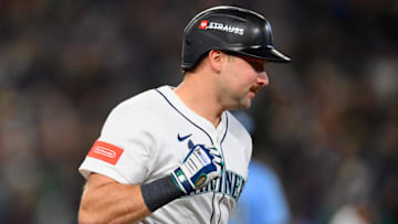 Oct 17, 2025; Seattle, Washington, USA; Seattle Mariners catcher Cal Raleigh (29) reacts after hitting a home run against the Toronto Blue Jays during the eighth inning during game five of the ALCS round for the 2025 MLB playoffs at T-Mobile Park. Mandatory Credit: Steven Bisig-Imagn Images