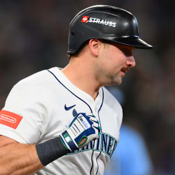 Oct 17, 2025; Seattle, Washington, USA; Seattle Mariners catcher Cal Raleigh (29) reacts after hitting a home run against the Toronto Blue Jays during the eighth inning during game five of the ALCS round for the 2025 MLB playoffs at T-Mobile Park. Mandatory Credit: Steven Bisig-Imagn Images