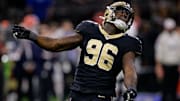 New Orleans Saints defensive end Carl Granderson celebrates a tackle for a loss against the Cleveland Browns.