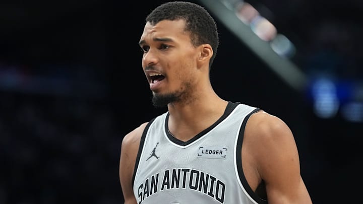 Mar 16, 2026; Inglewood, California, USA; San Antonio Spurs forward Victor Wembanyama (1) reacts against the LA Clippers in the first half at Intuit Dome. Mandatory Credit: Kirby Lee-Imagn Images