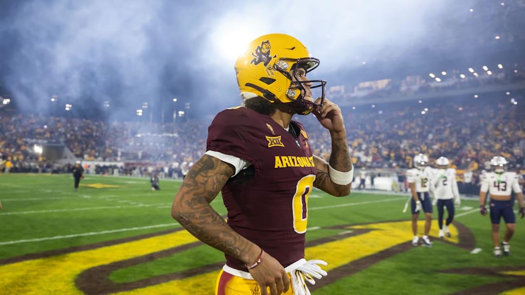 Nov 28, 2025; Tempe, Arizona, USA; Arizona State Sun Devils wide receiver Jordyn Tyson (0) against the Arizona Wildcats during the 99th Territorial Cup at Mountain America Stadium. Mandatory Credit: Mark J. Rebilas-Imagn Images