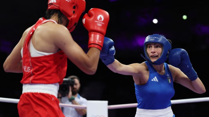 [US, Mexico & Canada customers only] Aug 1, 2024, Villepinte, France; of Italy in action against Imane Khelif of Algeria in a women's 66kg boxing preliminary bout during the Paris 2024 Olympic Summer Games at North Paris Arena. Mandatory Credit: Isabel Infantes/Reuters via USA TODAY Sports