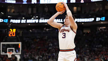 Mar 21, 2025; Milwaukee, WI, USA: Illinois Fighting Illini forward Ben Humrichous (3) shoots a three point basket against the Xavier Musketeers during the first half at Fiserv Forum. Mandatory Credit: Jeff Hanisch-Imagn Images