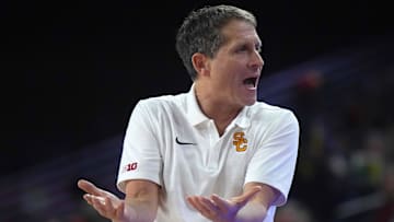 Feb 11, 2025; Los Angeles, California, USA; Southern California Trojans head coach Eric Musselman reacts during the game against the Penn State Nittany Lions at Galen Center. Mandatory Credit: Kirby Lee-Imagn Images