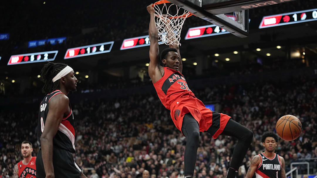 Jan 8, 2023; Toronto, Ontario, CAN; Toronto Raptors forward Christian Koloko (35) dunks against the Portland Trail Blazers during the first half at Scotiabank Arena. Mandatory Credit: John E. Sokolowski-Imagn Images