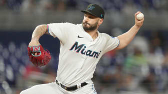 Sep 19, 2023; Miami, Florida, USA;  Miami Marlins relief pitcher Tanner Scott (66) pitches against