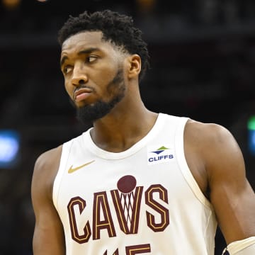 Oct 27, 2023; Cleveland, Ohio, USA; Cleveland Cavaliers guard Donovan Mitchell (45) reacts after missing a shot in the fourth quarter against the Oklahoma City Thunder at Rocket Mortgage FieldHouse. Mandatory Credit: David Richard-USA TODAY Sports