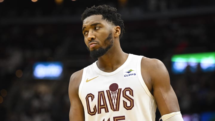 Oct 27, 2023; Cleveland, Ohio, USA; Cleveland Cavaliers guard Donovan Mitchell (45) reacts after missing a shot in the fourth quarter against the Oklahoma City Thunder at Rocket Mortgage FieldHouse. Mandatory Credit: David Richard-USA TODAY Sports