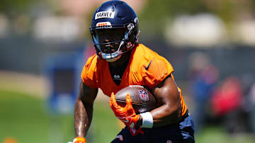 May 10, 2025; Englewood, CO, USA; Denver Broncos running back RJ Harvey (37) during rookie minicamp at Broncos Park Powered by CommonSpirit. Mandatory Credit: Ron Chenoy-Imagn Images