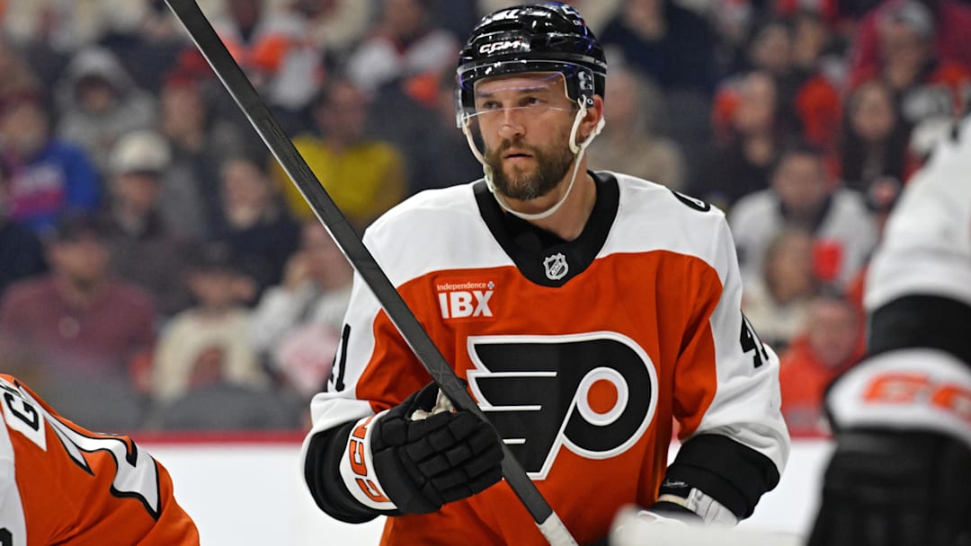 Mar 9, 2026; Philadelphia, Pennsylvania, USA; Philadelphia Flyers center Luke Glendening (41) against the New York Rangers at Xfinity Mobile Arena. Mar 9, 2026; Philadelphia, Pennsylvania, USA; Philadelphia Flyers center Luke Glendening (41) against the New York Rangers at Xfinity Mobile Arena.