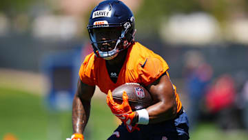 May 10, 2025; Englewood, CO, USA; Denver Broncos running back RJ Harvey (37) during rookie minicamp at Broncos Park Powered by CommonSpirit. Mandatory Credit: Ron Chenoy-Imagn Images