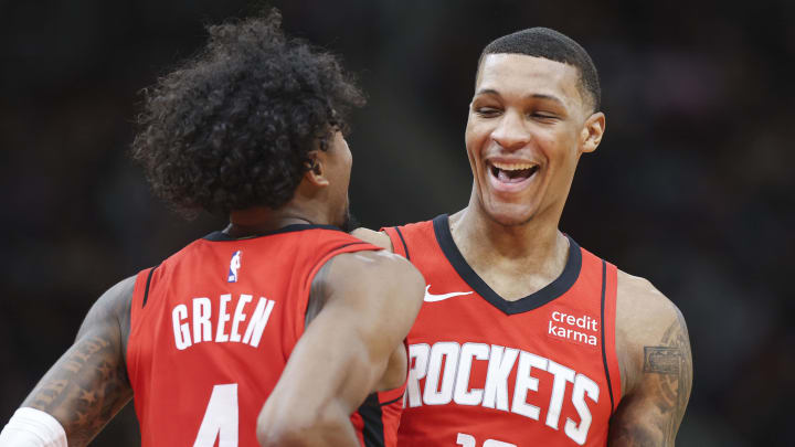 Jan 29, 2024; Houston, Texas, USA; Houston Rockets forward Jabari Smith Jr. (10) celebrates with guard Jalen Green (4) after Green scores a basket during the third quarter against the Los Angeles Lakers at Toyota Center. Mandatory Credit: Troy Taormina-USA TODAY Sports