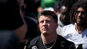 Vanderbilt quarterback Diego Pavia (2) gathers with the team to listen to Vanderbilt head coach Clark Lea after the Vanderbilt Football Black and Gold Spring Game at FirstBank Stadium in Nashville, Tenn., Saturday, April 12, 2025. Pavia didn't play in the game.