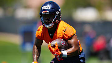 May 10, 2025; Englewood, CO, USA; Denver Broncos running back RJ Harvey (37) during rookie minicamp at Broncos Park Powered by CommonSpirit. Mandatory Credit: Ron Chenoy-Imagn Images