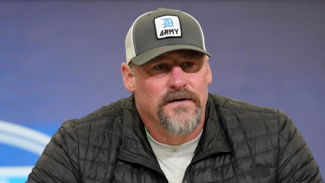 Feb 24, 2026; Indianapolis, IN, USA; Detroit Lions coach Dan Campbell speaks at the NFL Scouting Combine at the Indiana Convention Center. Mandatory Credit: Kirby Lee-Imagn Images