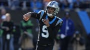 Jan 7, 2024; Charlotte, North Carolina, USA; Carolina Panthers quarterback Bryce Young (9) throws against the Tampa Bay Buccaneers during the second quarter at Bank of America Stadium.