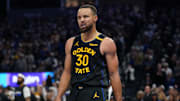 Nov 12, 2024; San Francisco, California, USA; Golden State Warriors guard Stephen Curry (30) reacts after making a layup against the Dallas Mavericks in the fourth quarter at the Chase Center. Mandatory Credit: Cary Edmondson-Imagn Images