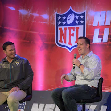 Ross Tucker, former NFL lineman, and former NFL lineman Tony Boselli (left) speak an event in London. Tucker has plenty of doubts about Caleb Williams, many based on flimsy evidence.
