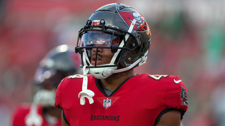 Sep 25, 2023; Tampa, Florida, USA;  Tampa Bay Buccaneers running back Sean Tucker (44) warms up before a game against the Philadelphia Eagles at Raymond James Stadium. Mandatory Credit: Nathan Ray Seebeck-USA TODAY Sports