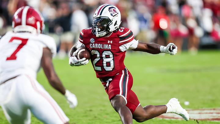 Oct 25, 2025; Columbia, South Carolina, USA; South Carolina Gamecocks running back Matt Fuller (28) runs after a reception against the Alabama Crimson Tide in the second half at Williams-Brice Stadium. Mandatory Credit: Jeff Blake-Imagn Images