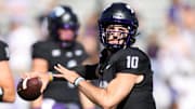 Nov 23, 2024; Fort Worth, Texas, USA; TCU Horned Frogs quarterback Josh Hoover (10) throws a pass before the game against the Arizona Wildcats at Amon G. Carter Stadium. Mandatory Credit: Tim Heitman-Imagn Images