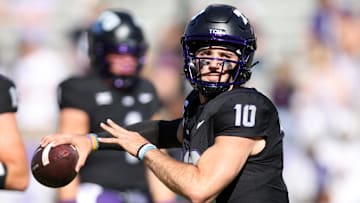 Nov 23, 2024; Fort Worth, Texas, USA; TCU Horned Frogs quarterback Josh Hoover (10) throws a pass before the game against the Arizona Wildcats at Amon G. Carter Stadium. Mandatory Credit: Tim Heitman-Imagn Images