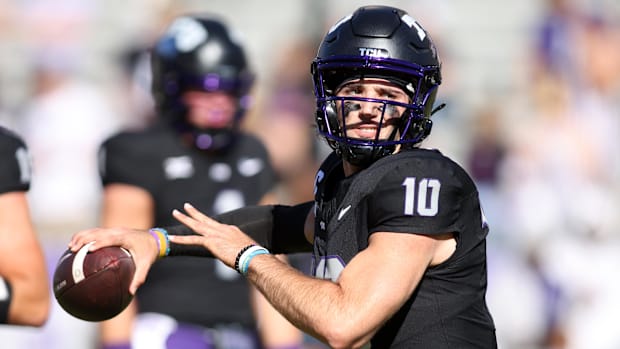 TCU Horned Frogs quarterback Josh Hoover (10) throws a pass before the game against the Arizona Wildcats at Amon G. Carter St