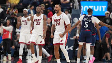 Nov 3, 2025; Inglewood, California, USA; Miami Heat guard Norman Powell (24) celebrates at the end of the game against the LA Clippers at Intuit Dome. Mandatory Credit: Kirby Lee-Imagn Images